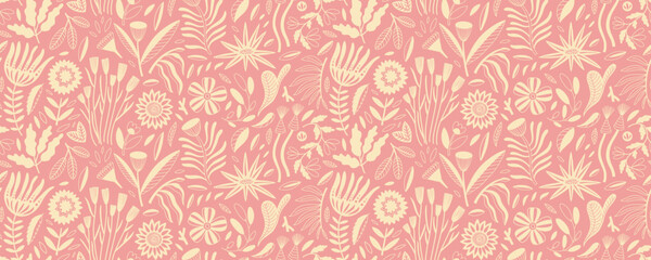 Pastel colored seamless pattern with folk flowers and plants. Naive girly psychedelic botanical motif.