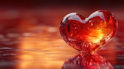 Glowing red glass heart on reflective surface.