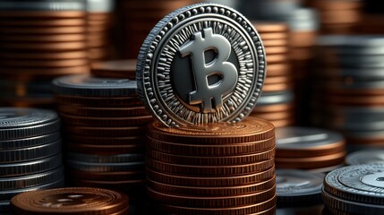 Shiny Golden Bitcoin Resting Elegantly atop a Diverse Pile of Various Coins Symbolizing Wealth Investment and Financial Prosperity in Modern Economy