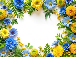 Obraz premium Vibrant Blue and Yellow Floral Frame, White Background, Copy Space for Text