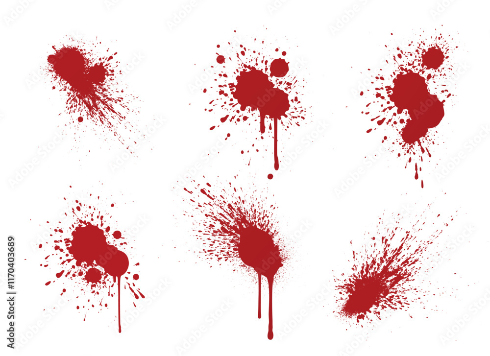 Aufkleber blood splash collection - red stains with dripping streams and scattered droplets on white surface. 