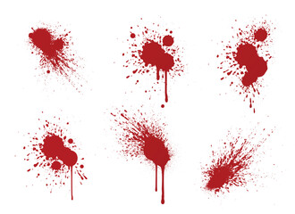 Blood splash collection - red stains with dripping streams and scattered droplets on white surface. Various spatter design patterns with explosive bursts, flowing streaks and speckled spray marks.