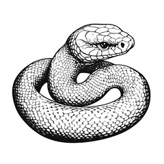 A stylized illustration of a coiled snake in black and white.