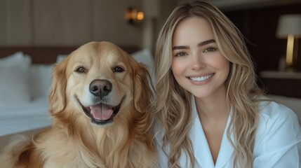 Woman smiling with a golden retriever in a cozy setting.