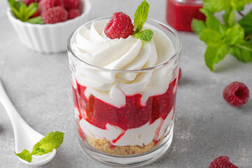 Raspberry trifle with whipped cream, berry sauce, cookie crumbs and mint leaves in a glass on a gray concrete background. Summer diet dessert.