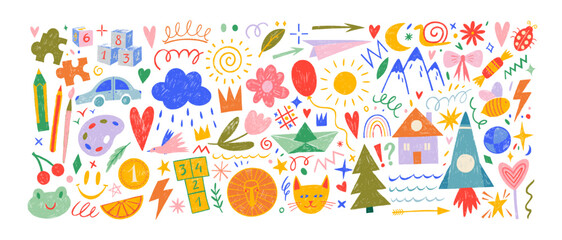 Funky childish doodles and icons drawn with crayon. Cute kid scribble doodle icons set. Child games, toys and drawings. Hand drawn cute vector illustrations. Flower, heart, cloud, car, animals, house.
