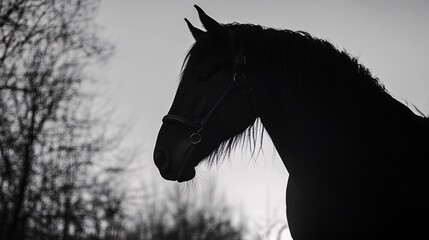 Elegant silhouette of a black horse against a gray sky, showcasing its majestic profile and flowing mane.