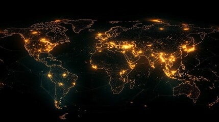 Global network glowing map, dark background, data visualization