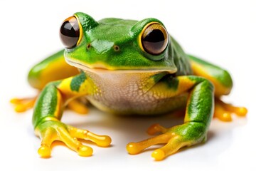 Vibrant Green Frog with Bright Yellow Toes on White Background - Stock Photo