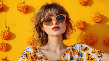 Vibrant Portrait of a Stylish Woman with Sunglasses Against a Bright Yellow Background Evoking a Fun and Playful Summer Vibe with Chic Fashion Sense