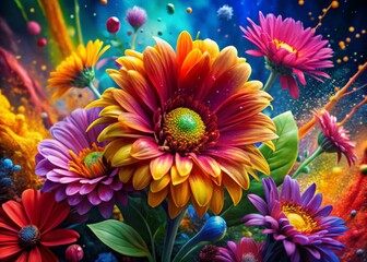 Vibrant Paint Explosions & Blossoming Flowers - High-Resolution Stock Photo