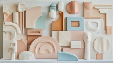 Colorful abstract art wall display, pastel geometric shapes