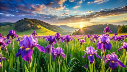 Obraz premium Vibrant Purple Irises Blooming in a Sunny Meadow Landscape