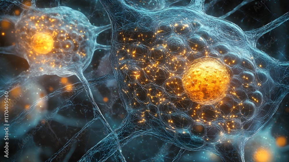 Poster microscopic view of neuron cells and synapses connection, neural network, human brain anatomy, detai