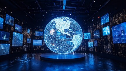Global network exhibit, digital screens, dark room, data visualization