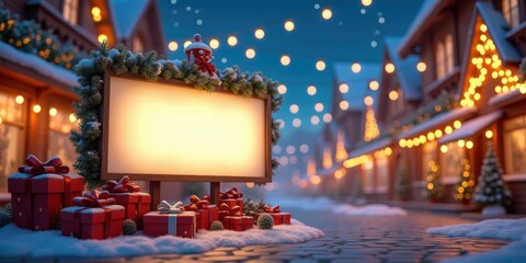 Obraz premium A cozy winter street scene adorned with festive lights, gifts, and a blank sign, perfect for holiday promotions and seasonal advertisements.
