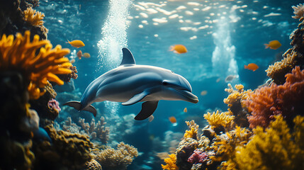 Fototapeta premium A dolphin swimming near coral reefs, with vibrant marine life as the background, during a sunny underwater scene