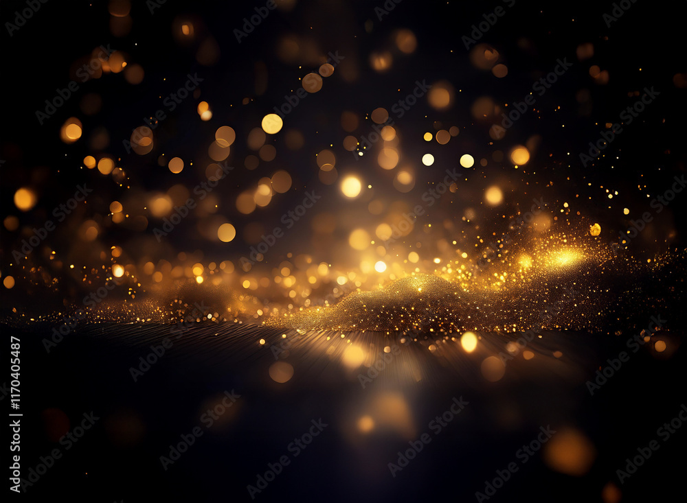 Poster glimmering gold particles float on a dark background, creating a magical, ethereal scene. the light 