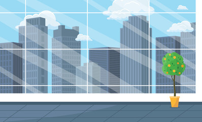 Empty office building with large windows and orange tree. Commercial real estate for rent, sale.