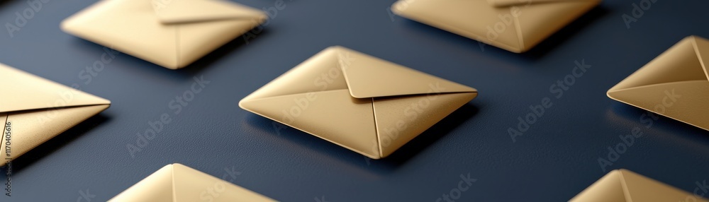 Poster a close-up of multiple golden envelopes arranged on a dark surface, showcasing their elegant design 