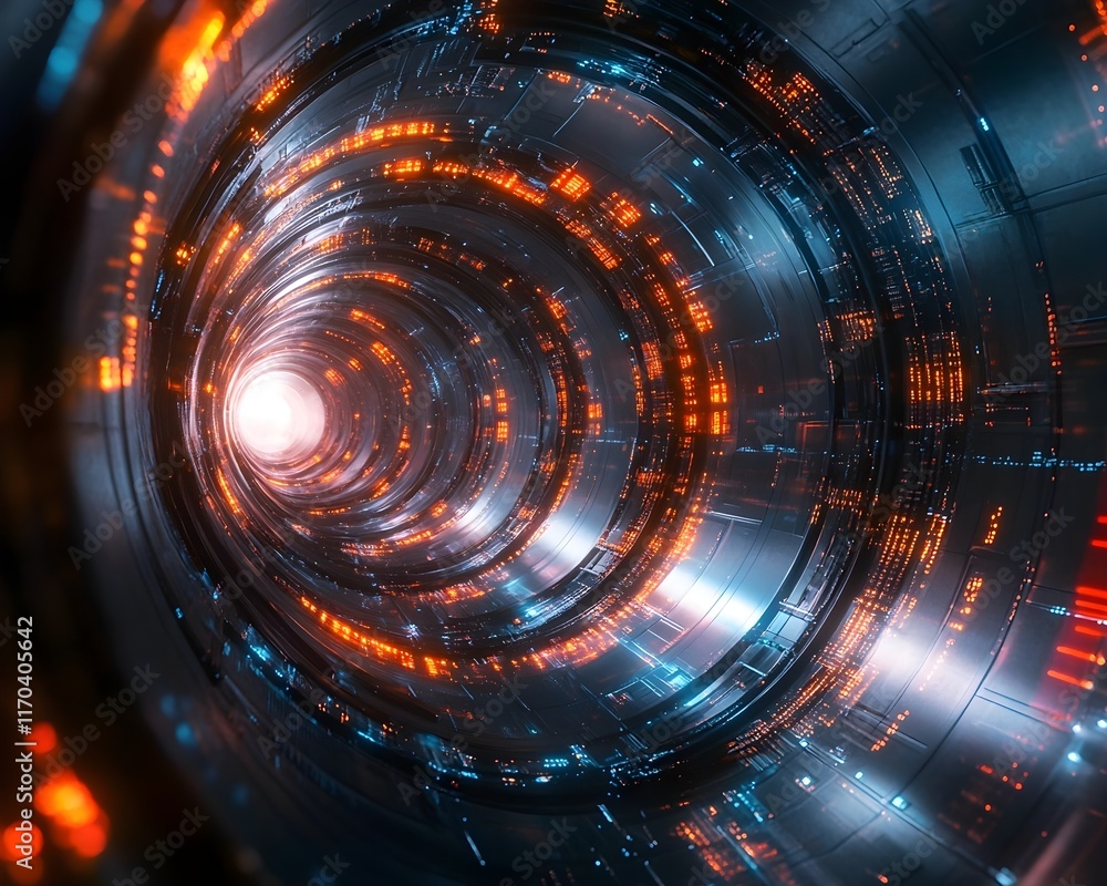 Poster abstract futuristic neon tunnel, glowing circular data stream background