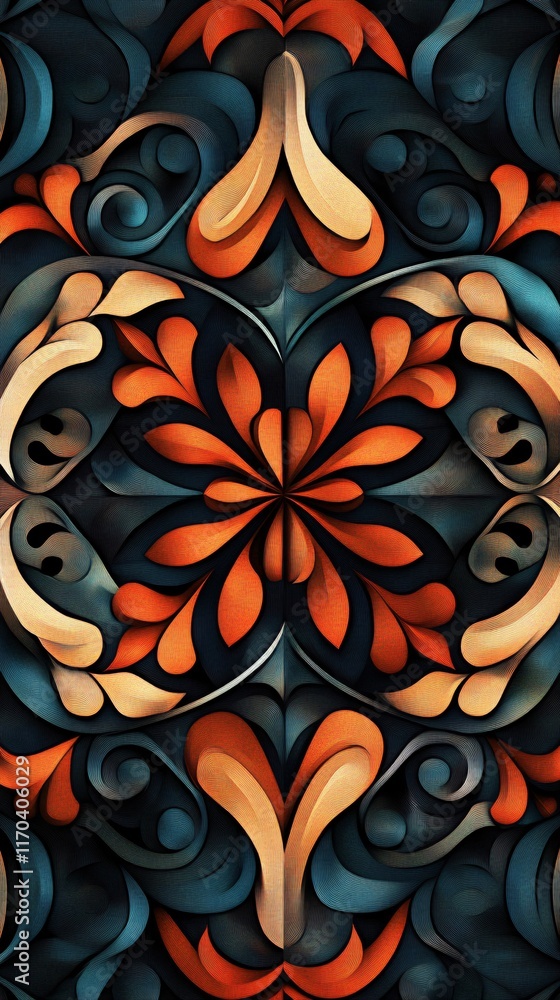Poster an intricate abstract pattern featuring flowing shapes in rich orange and deep blue tones.