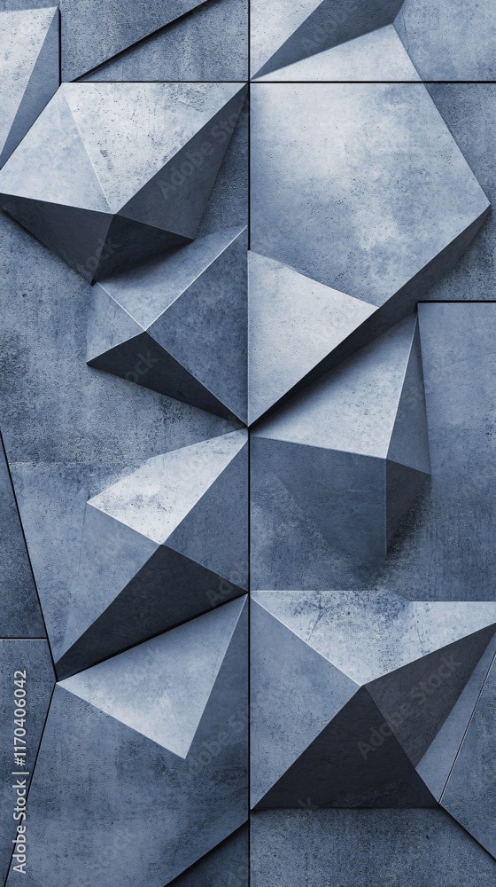 Poster abstract geometric design with sharp angles and textured surfaces in shades of blue.