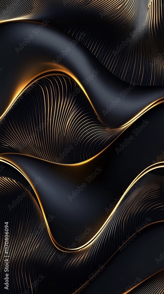 Poster an abstract wave design with flowing black and golden lines, creating a luxurious and modern aesthet