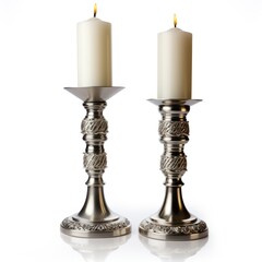 Two candles in silver candlesticks isolated on white background, , shabbat evening blessing candles,