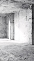 An empty concrete room with minimalist design, showcasing raw textures and soft lighting.