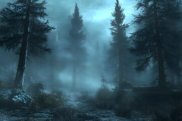 Naklejka premium A Misty Night Path Through A Dark Forest