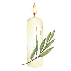 White burning church candle with golden cross and green olive tree branch. Watercolor religious hand drawn illustration for christening, wedding, Easter, funeral card design. Isolated from background