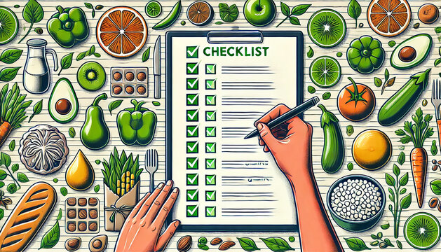 Semi-flat customizable illustration of a checklist with checkmarks and healthy food items. The checklist is stylized with a few lines marked.