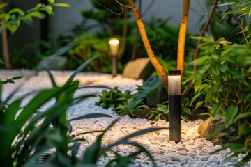 A serene garden pathway illuminated by soft lights among lush greenery and decorative stones.
