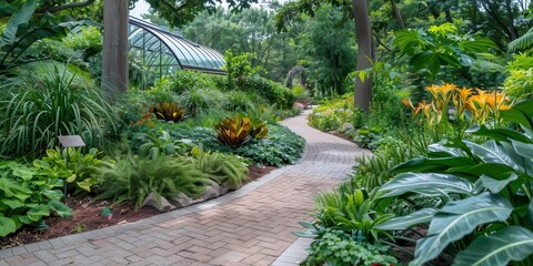 A serene garden path winding through lush greenery and vibrant flowers.