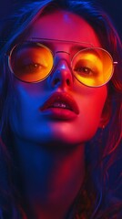 Female model with long hair and striking sunglasses, illuminated with vibrant blue and orange lights.