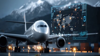 Cargo Management and Warehouse Scheduling Solutions concept. Futuristic airplane with digital map in mountainous landscape.