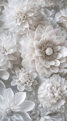 A serene arrangement of white flowers in various textures and shapes, creating a tranquil and elegant aesthetic.