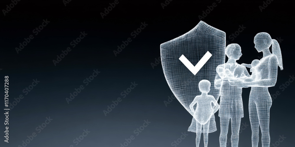 Poster this image represents the concept of family protection in the digital age, showcasing a wireframe fa