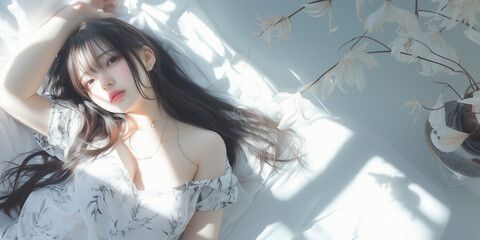 朝、寝起きにくつろぐ女性。写真風素材。