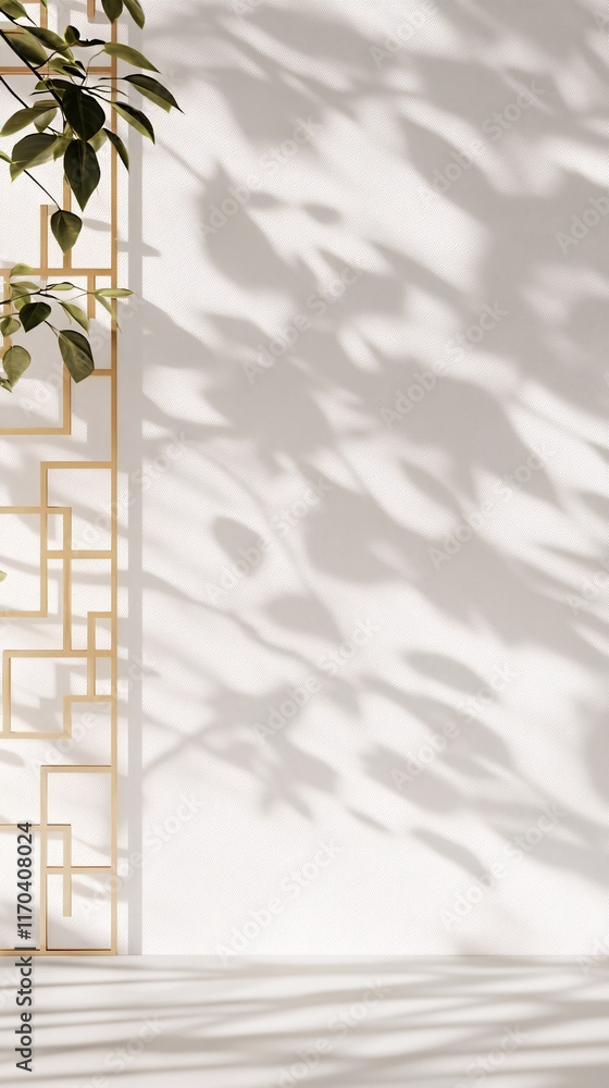 Poster elegant design featuring golden geometric patterns with soft leafy shadows on a white wall.