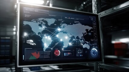 Cargo Management and Warehouse Scheduling Solutions concept. High-tech screen displaying a digital world map and data interfaces.