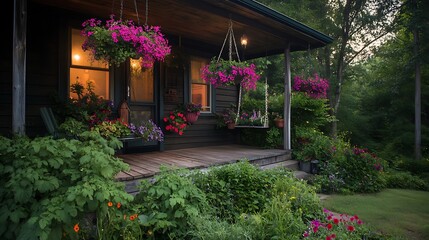 Fototapeta premium charming country home with porch swing and flower boxes