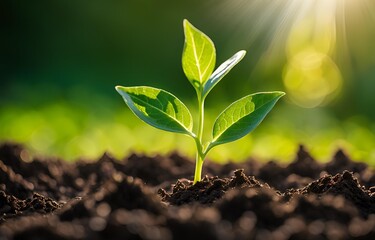 Fototapeta premium Green Seedling Growing in Soil with Sunlight and Bokeh Background