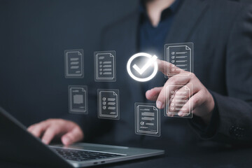 Show document management system concept on laptop. Managing corporate file information, document work management with technology software for archiving, document, technology, quality, file