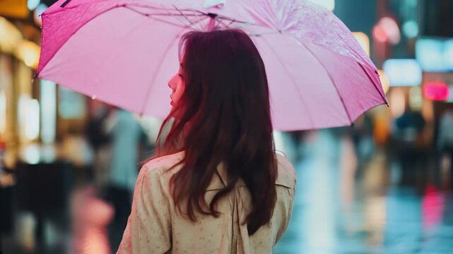 Young beautiful woman holding an umbrella in a bussy city and smiling at the camera 