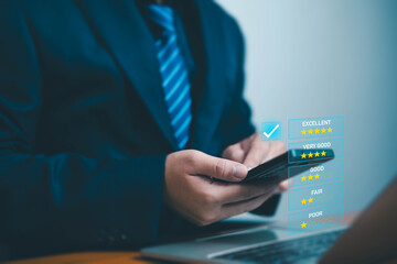 Customer satisfaction survey concept. User customer five-star rating to service experience, Good service has resulted in 5-star reviews from customers, satisfaction, user, five-star