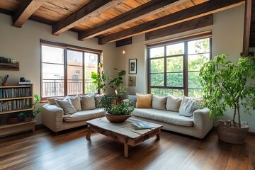 Fototapeta premium cozy apartment with neutral tones and wooden furniture