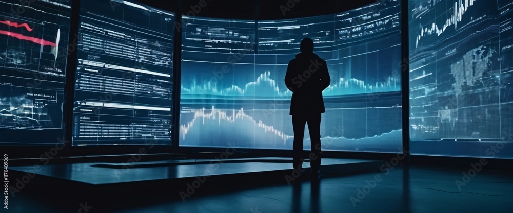 Poster data driven decisions: a lone figure stands in a darkened room, illuminated by the glow of multiple 