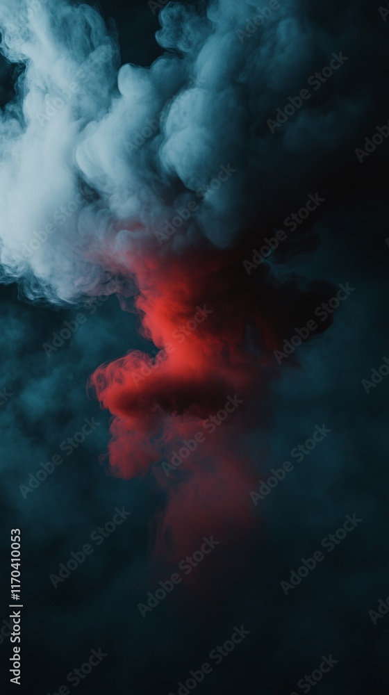 Poster a dynamic swirl of red and white smoke against a dark backdrop, creating an ethereal and dramatic vi